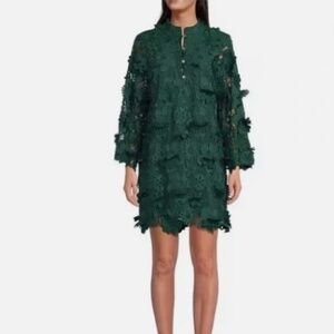 J. Marie Seraphina Dark Green 3D Floral Crochet Mini Tunic Dress Nwt M
